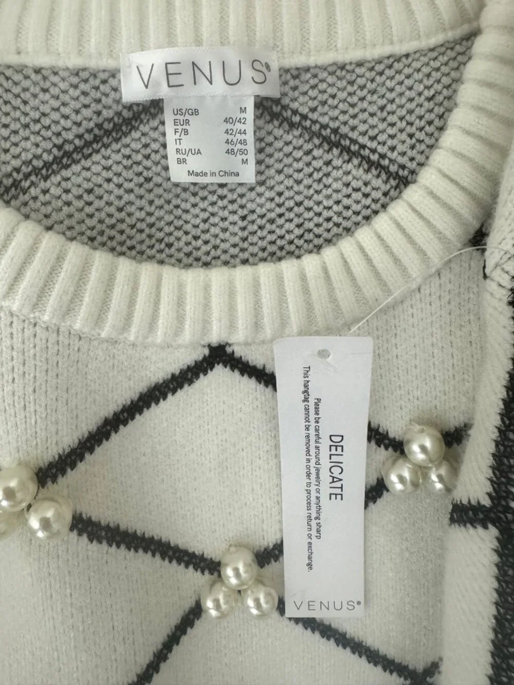 Venus Ivory Creme Black Ultrasoft Sweater Knit Faux Pearls Size M New Winter Top